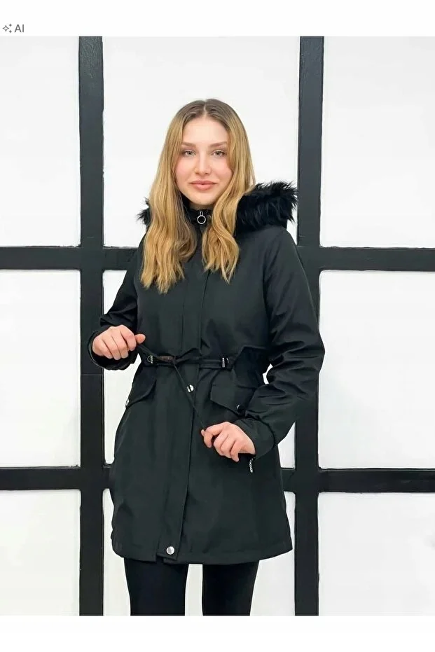 CZARNA KURTKA DAMSKA Z KAPTUREM I FUTERKIEM W STYLU OVERSIZE 46 5IA