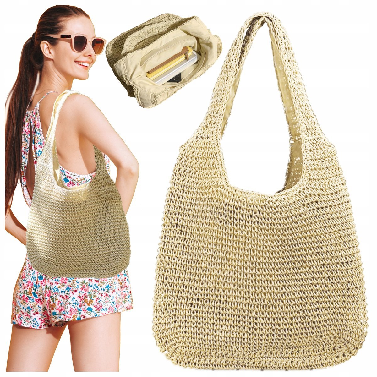 TORBA PLAŻOWA BOHO SŁOMIANA MIEJSKA SHOPPERKA NA PLAŻĘ NA ZAKUPY DUŻA