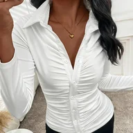Koszule damskie - TEMU Bluzka Damska Elegancka Biała z Długim Rękawem – Klasyczna Koszula na Guziki, Jednokolorowa, Pranie Maszynowe, Wiosna Jesień, Uniwersalny Styl - miniaturka - grafika 1