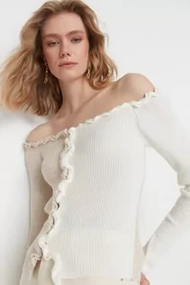 Swetry damskie - Trendyol Damski dopasowany kardigan z odkrytymi ramionami Carmen z kołnierzem, KAMIEŃ, S - grafika 1