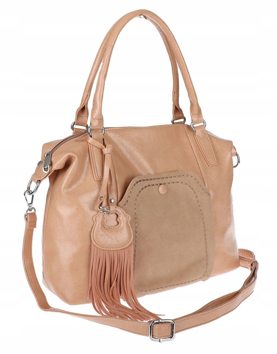 Torebka damska kuferek z eko skóry shopper z frędzlami pasek MC688 Różowa