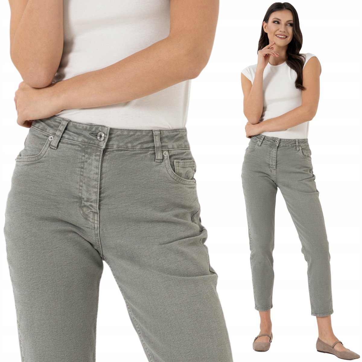 SPODNIE JEANSOWE DAMSKIE JEANSY WYSOKI STAN PROSTA NOGAWKA STYLOWE MORAJ 40 LIGHT GREEN