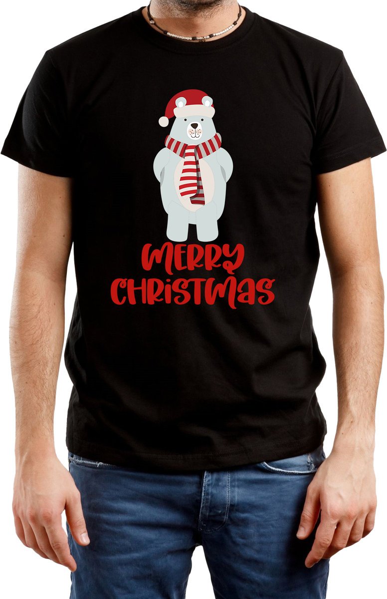 T-Shirt Męski Z Nadrukiem Prezent Święta Miś Koszulka Czarna R-M A440