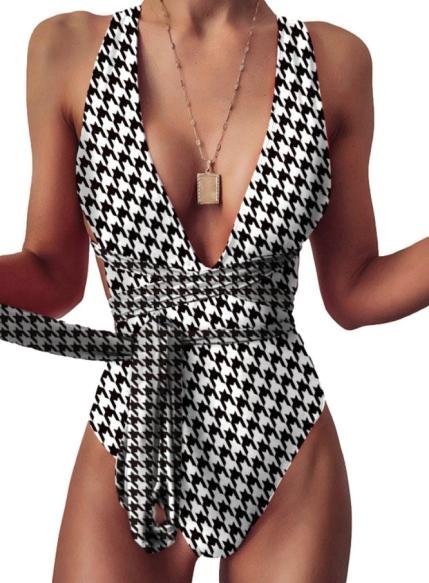 Wiązany Jednoczęściowy Strój Kąpielowy Z Dekoltem Pepitka S