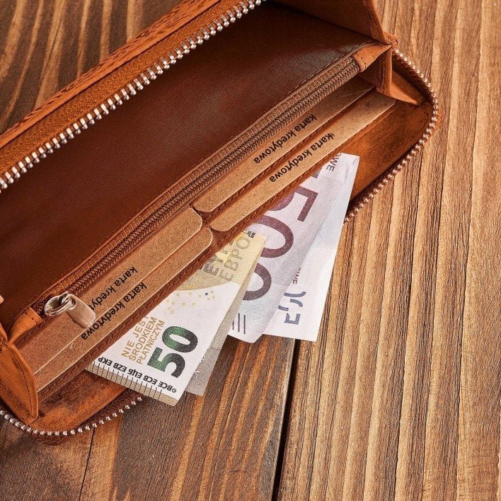 Paolo Peruzzi Portfel damski skórzany pomarańczowy w geometryczny wzór RFID T-116-HOR