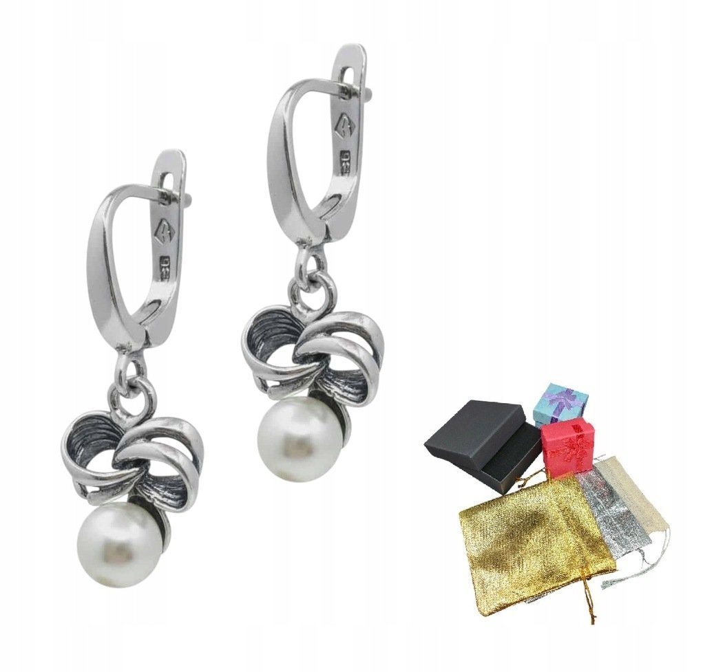 Srebrne 925 Kolczyki Eleganckie Z Perłą Rekonstruowaną Na Gwiazdkę Prezent