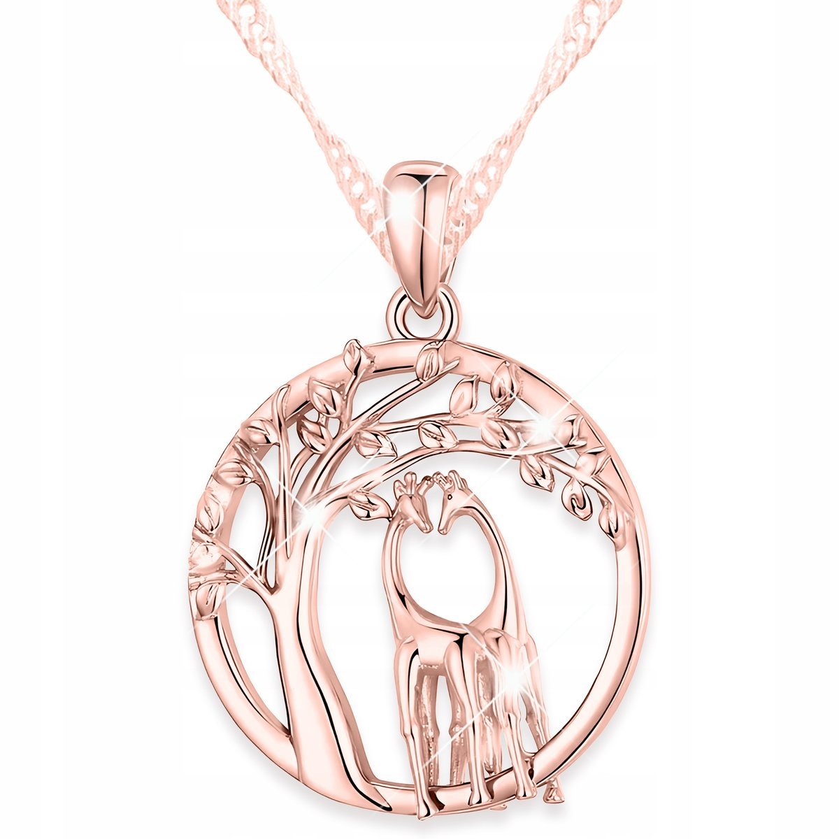 Naszyjnik Pozłacany Kółko Dwie Żyrafy Drzewo Drzewko Afryka Para SREBRO 925