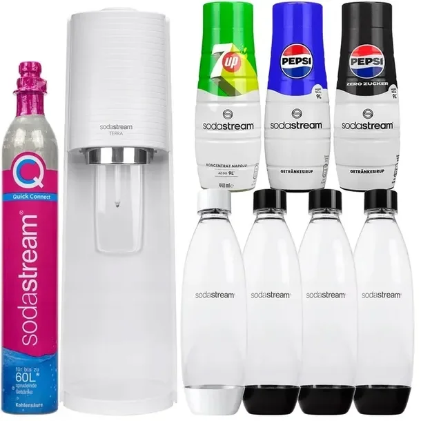 Saturator Sodastream Terra Biały 4 Butelki + 3 Syropy Pepsi Mirinda 7up