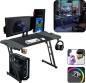 Biurka gamingowe - LZQ Biurko dla graczy Biurko dla graczy z uchwytem na kubek i haczykiem na słuchawki 140x60x74 cm Biurko komputerowe Biurko PC Ergonomiczne biurko dla graczy do domowego biura (z diodą LED) - miniaturka - grafika 1