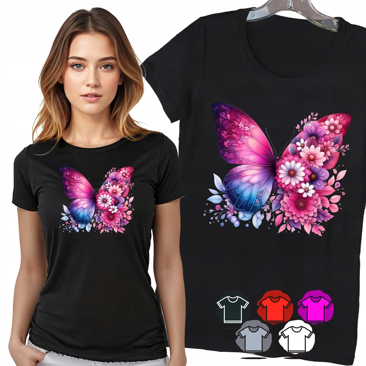 KOSZULKA DAMSKA T-SHIRT - MOTYL RÓŻOWE KWIATY PASTELOWY WZÓR DAMSKI - 3XL