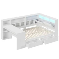 Łóżka dla dzieci i młodzieży - Łóżko dziecięce 140x200 cm - z biurkiem i Regał - z oświetleniem LED - z 2 szufladami - tapicerowany zagłówek, kolor biały (bez materaca) - miniaturka - grafika 1