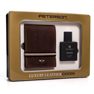 Portfele - Zestaw prezentowy: brązowy, skórzany portfel męski i woda toaletowa — Peterson - grafika 1