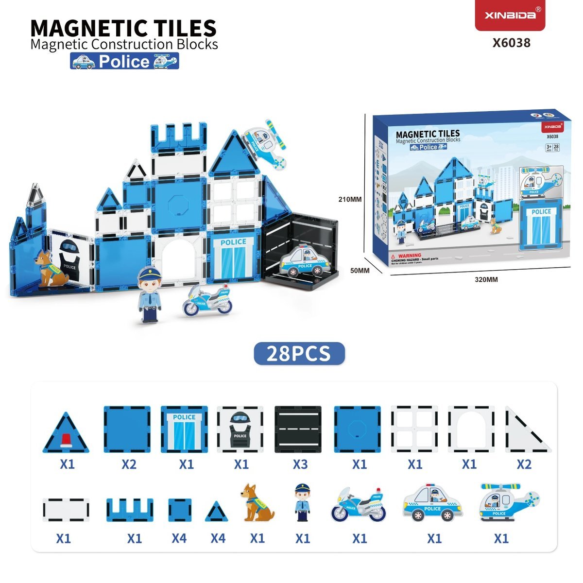 Klocki magnetyczne policja 28 elementów, świetna jakość, łatwość budowy, mocne magnezy, odgrywanie ważnych ról społecznych