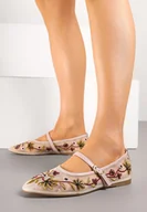 Baleriny - Beżowe Siateczkowe Balerinki z Paskiem z Klamerką i Kwiatowym Haftem Nitarelia - miniaturka - grafika 1