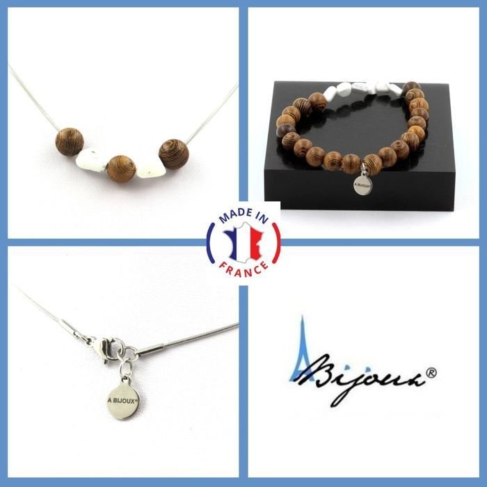 Kamienie i minerały. Komplet biżuterii Bransoletka Naszyjnik 8 mm koraliki drewniane + Howlit z USA. Możliwość dostosowania rozmiaru.