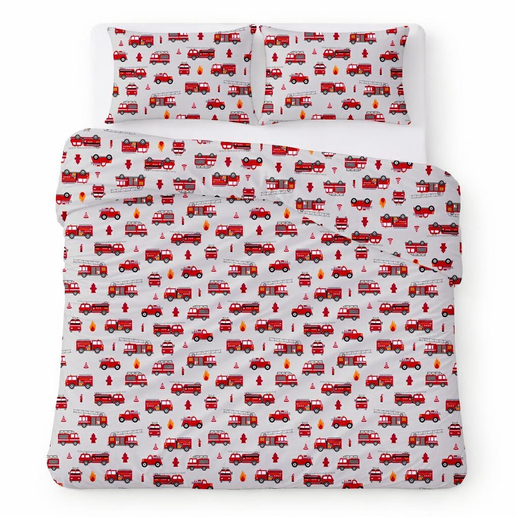 Pościel bawełniana 160x200 szara w czerwone wozy strażackie, dziecięcy nowoczesny - COTTON HOME KIDS