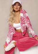 Dresy damskie - Różowy Komplet Dresowy Welurowy Bluza z Kapturem i Florystycznym Printem oraz Szerokie Luźne Spodnie Raiantise - miniaturka - grafika 1