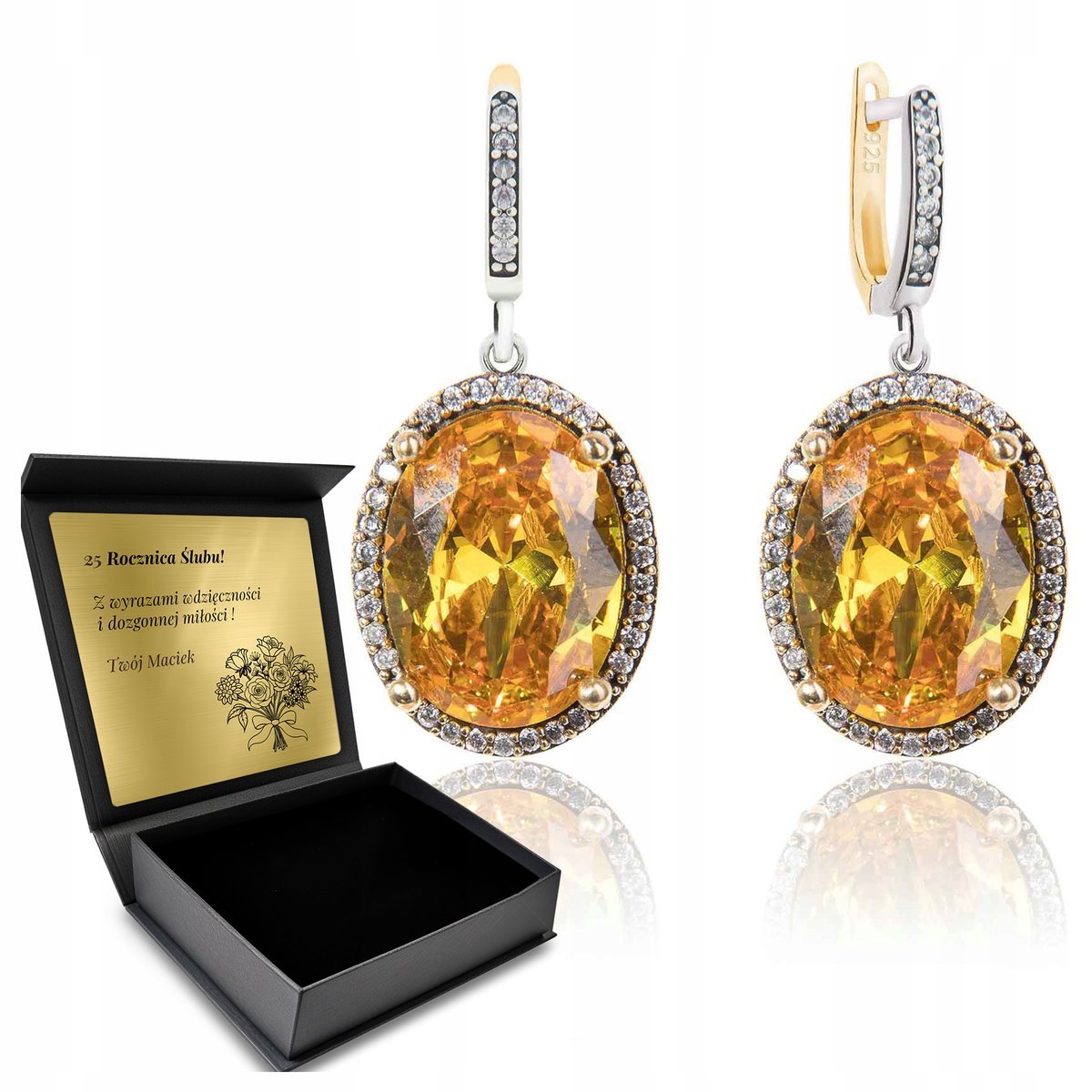 Kolczyki Srebrne 925 Z Cyrkoniami I Cytrynem Biżuteria Dla Kobiety + Grawer