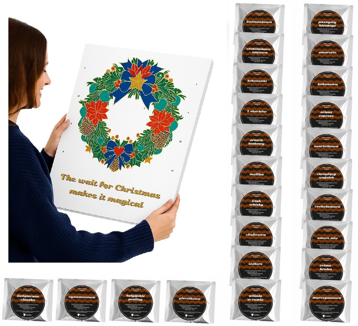 KALENDARZ ADWENTOWY Z KAWĄ - 24 różne smaki kaw deserowych mielonych w saszetkach, prezent upominek na mikołaja święta dla kobiety faceta mężczyzny ..