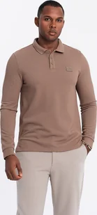 Ombre Męski strukturalny longsleeve polo z naszywką brązowy V4 OM-POLS-0131 M - Koszulki męskie - miniaturka - grafika 1
