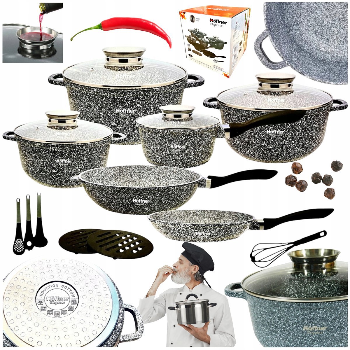 DUŻY ZESTAW GARNKÓW MARMUROWYCH Komplet GARNKÓW PATELNI + AKCESORIA 16el.