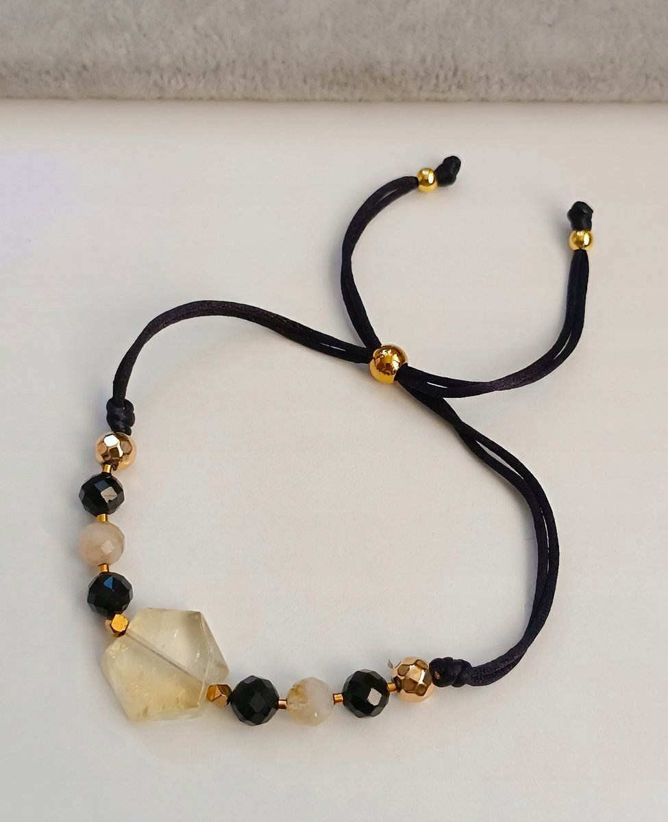 CZARNA BRANSOLETKA REGULOWANA CYTRYN CZARNY TURMALIN HEMATYT STAL STOPER