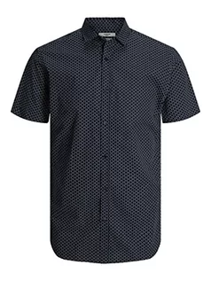 Koszule męskie - JACK & JONES Męska koszula z krótkim rękawem Jprblacardiff z nadrukiem S/S, Granatowy blezer/Aop: slim fit, M - grafika 1