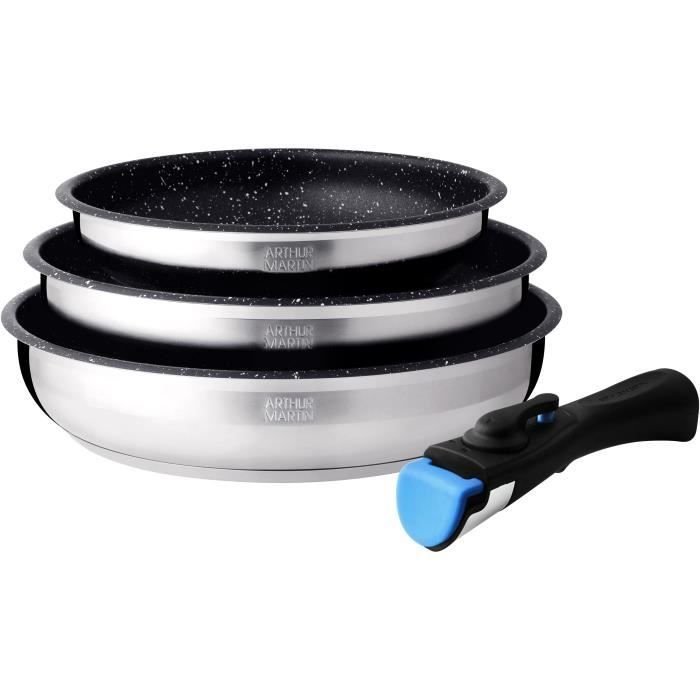Zestaw 3 patelni - Arthur Martin - AM2196 - 20-24-26 cm - Stal nierdzewna - Rączka zdejmowana - Do wszystkich typów kuchenek, w tym indukcyjnych
