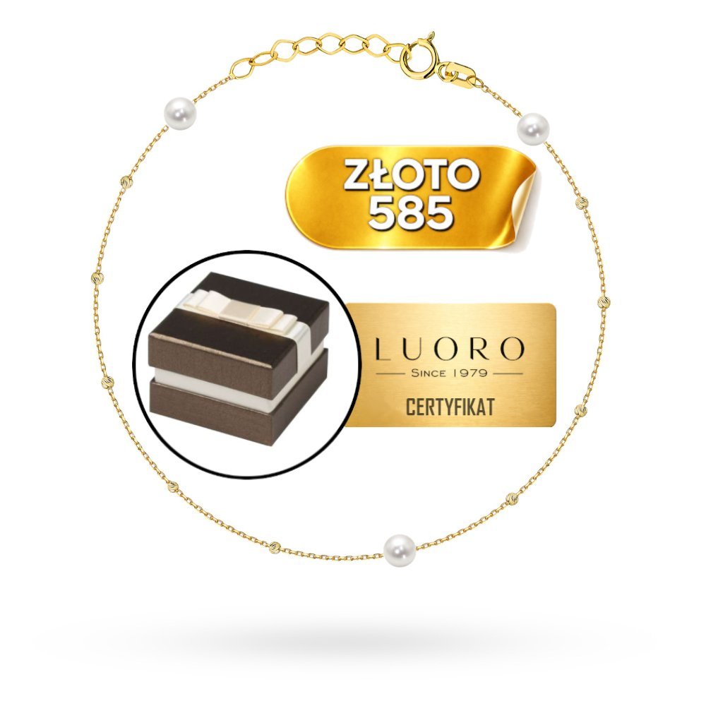 BRANSOLETKA ZŁOTA 585 14K KULECZKI DIAMENTOWANE PERŁY 17 CM REGULOWANA