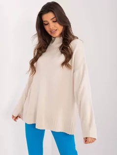 Swetry damskie - Sweter oversize jasny beżowy casual dekolt półgolf rękaw długi - grafika 1