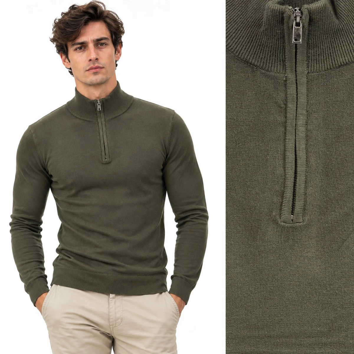 Sweter męski zielony cienki z półzamkiem i półgolfem gładki casual LD-69050-11-GREEN M
