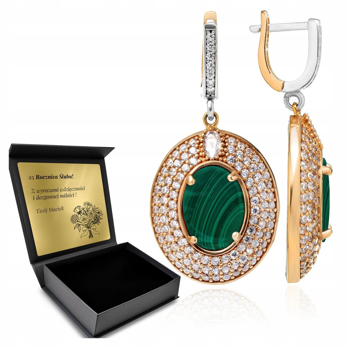 Kolczyki Srebrne 925 Cyrkonie I Malachit Biżuteria Dla Kobiety + Grawer