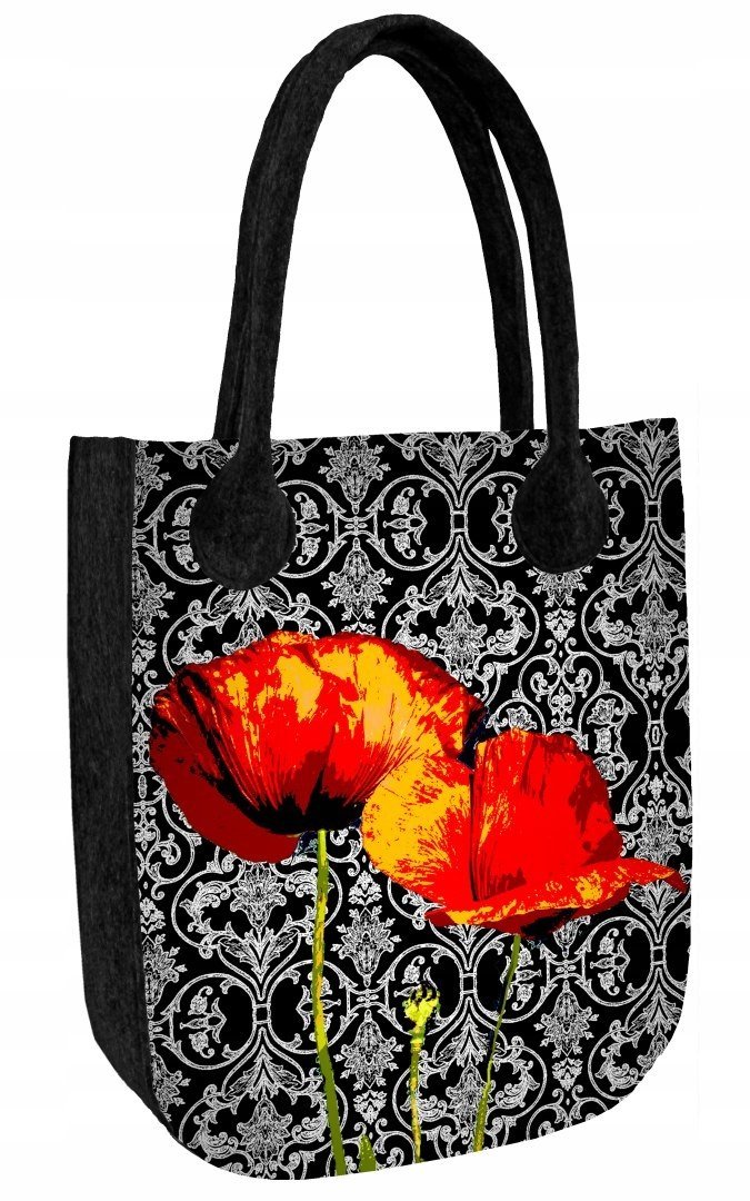 Torebka filcowa City Antracyt, nadruk Poppies – shopperka damska, ekologiczny filc, zamek, mieści A4, udźwig do 10 kg, polska produkcja, ARCO Design