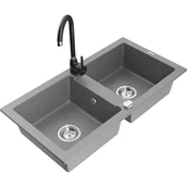 Zlewozmywaki z baterią - Mexen Mario zlewozmywak granitowy 2-komorowy z baterią kuchenną Telma, szary - miniaturka - grafika 1