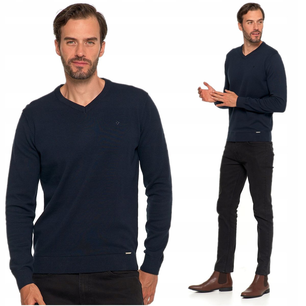 Elegancki Sweter Męski Klasyczny Prosty Krój Dekolt w Serek MORAJ M