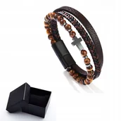 Bransolety męskie - Bransoletka Męska Czarna Skóra Pleciona Krzyż Kamień Naturalny Tygrysie Oko - miniaturka - grafika 1