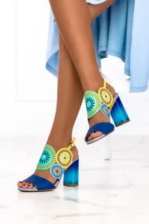 Sandały damskie - Niebieskie sandały na słupku zabudowane haftowane polska skóra Casu 2016 - grafika 1
