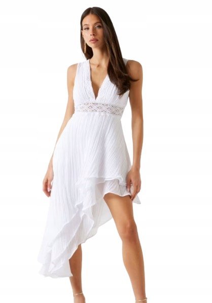 GUESS BIAŁA ASYMETRYCZNA SUKIENKA Z DEKOLTEM W SZPIC I KORONKĄ M GMA