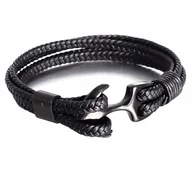 Bransolety męskie - MĘSKA bransoletka skórzana czarna CZARNA KOTWICA - miniaturka - grafika 1
