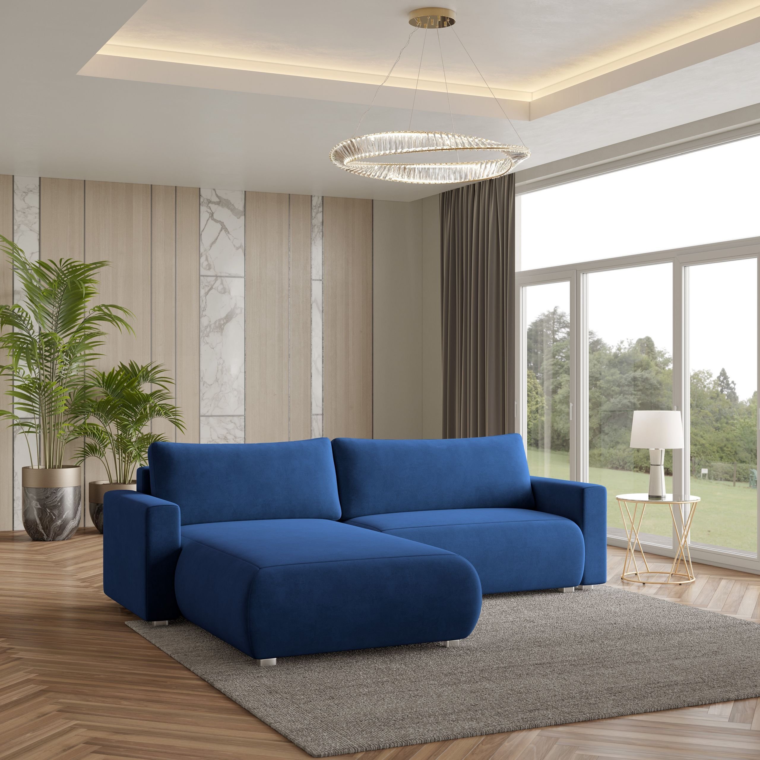 Masseno Narożnik TURIN M z funkcją spania i pojemnikiem na pościel Kształt L, Rozkładana sofa, Rogówka - Niebieski, MONOLITH 77