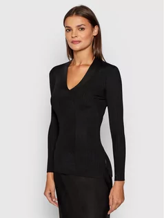 Swetry damskie - Calvin Klein Sweter Iconic Rib V-Neck K20K203047 Czarny Slim Fit - grafika 1