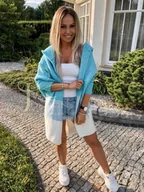 Swetry damskie - DŁUGI SWETER KARDIGAN LINDA Z KAPTUREM POLSKI PRODUCENT J&K PREMIUM -  TURKUS - miniaturka - grafika 1