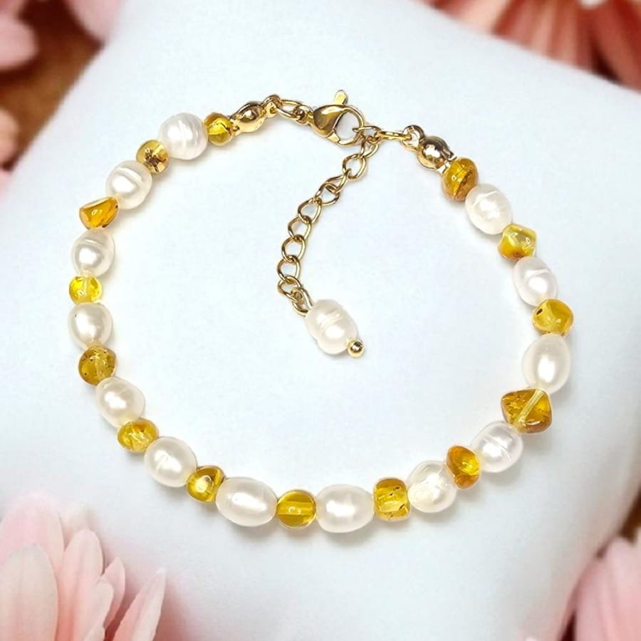 Złoty Blask Amulet Bransoletka ochrona i dobrobyt Bursztyn i Perła