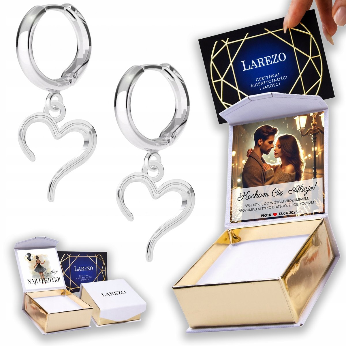 Kolczyki Srebrne 925 Ozdobne Serca Serduszka Bigle z Serduszkiem NADRUK