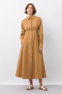 Sukienki - Ivy & Oak sukienka bawełniana kolor beżowy midi rozkloszowana - grafika 1
