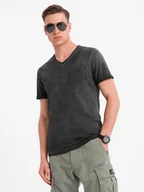 Koszulki męskie - Męski bawełniany t-shirt V-neck z dzianiny z efektem sprania - czarny V6 OM-TSWT-0242 S - miniaturka - grafika 1