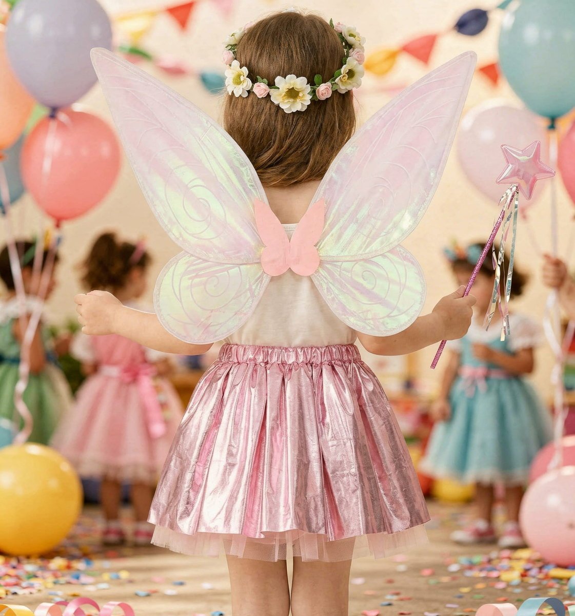 Strój wróżki motylka elfa dla dzieci – skrzydła, opaska, różdżka i spódniczka