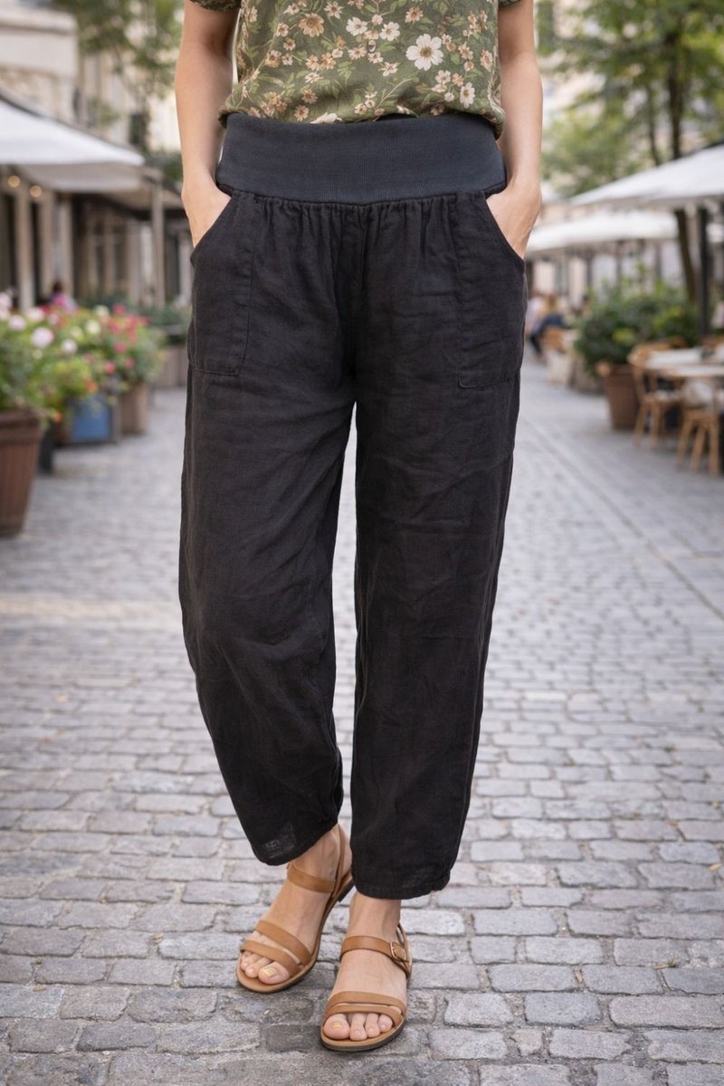 Spodnie damskie czarne 100% len casual Italy luźne Uni