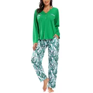 Piżamy damskie - Damska Piżama Komplet Koszulka Długi Rękaw Spodnie Liście Zielona XL - miniaturka - grafika 1