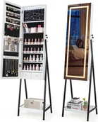 Biżuteria - akcesoria - Wolnostojąca szafka na biżuterię 160 cm, zamykany stojak na biżuterię z 3-kolorową diodą LED i pełnowymiarowym lustrem oraz 2 szufladami (biały) - miniaturka - grafika 1